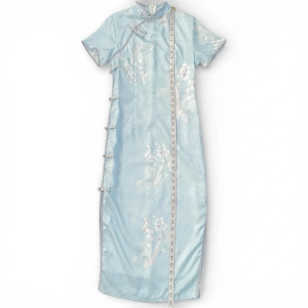 Lilly of the Vally Floral Short Sleeve Midi Blue Cheongsam Qipao Chinese Size S - Picture 9 of 10